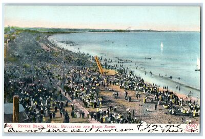 c1905 Boulevard & Beach Scene Bathing Sailboat Crowd Revere Beach MA Postcard