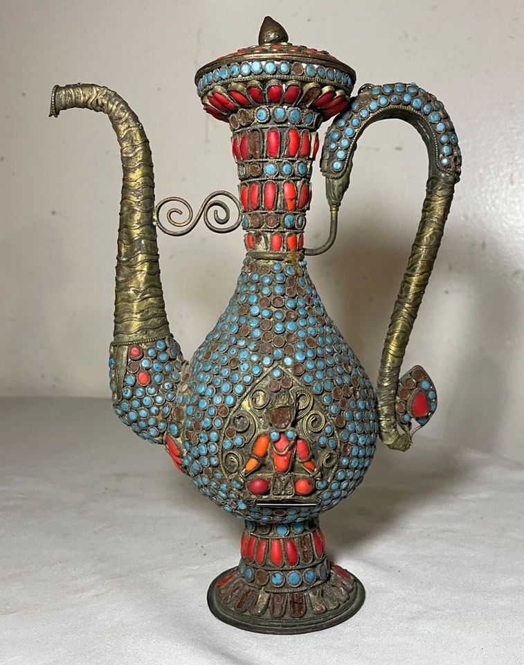 antique early 19th century handmade Tibetan coral turquoise bronze pitcher pot - Image 3 of 4