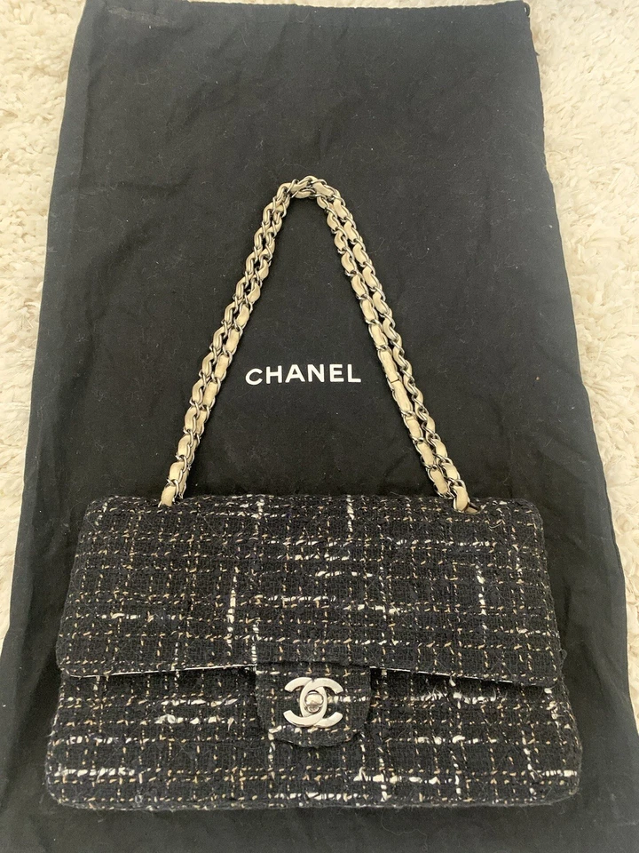 Chanel Classic Double Flap Black White Beige Chain Handles Tweed Bag - Image 2 of 4