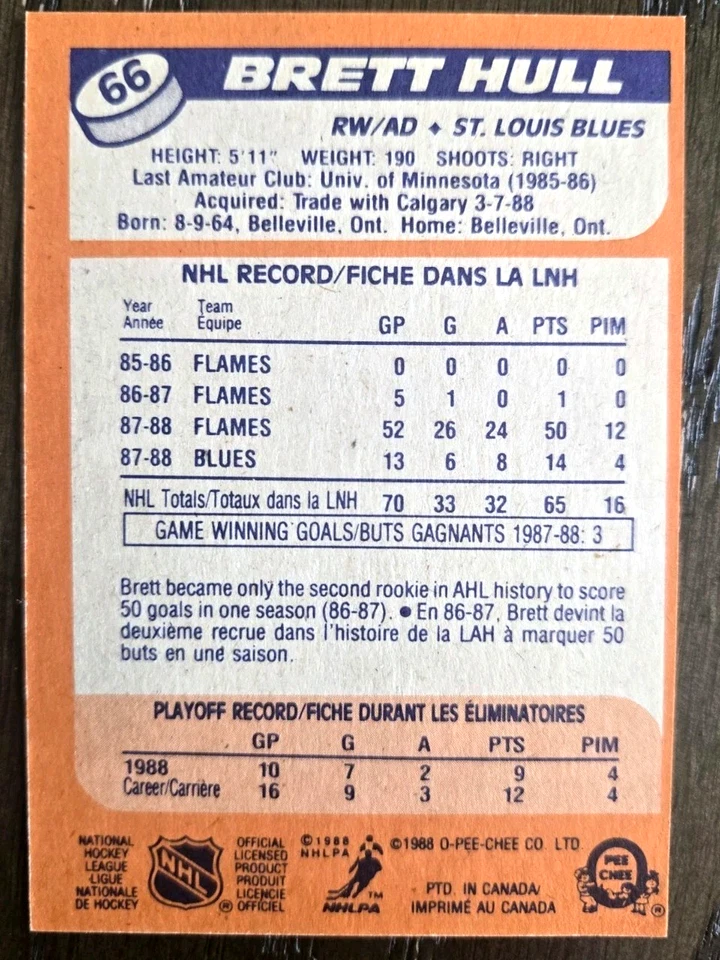 1988-89 O-Pee-Chee Brett Hull #66 Vintage 80s St. Louis Blues NHL Hockey RC - Image 2 of 2