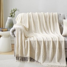 Off White Knitted Throw Blankets for Couch, Bedroom and Officeroom,Textured F...