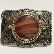 Vintage Brazil Agate Gold Silver Tone Etched Style Flower Floral Belt Buckle
