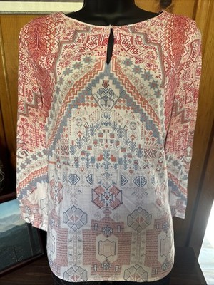 Crosby Sz L Blouse Pullover 3/4 Sleeves Southwestern Floral Print Shirt Top