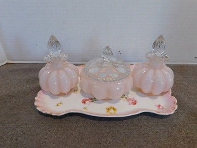 Vintage Fenton ''Rose'' Melon Perfume, Powder Set and Limoges Haviland Vanity Tray