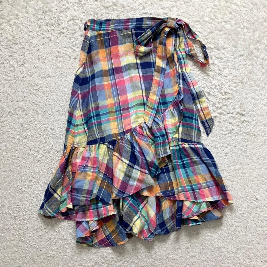 Polo Ralph Lauren Linen Madras Check Ruffle Wrap Skirt Multicolor 2 RL0526471