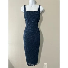Alex Evenings Navy Lace Sequin Square Neck Sheath Evening Dress Size 14