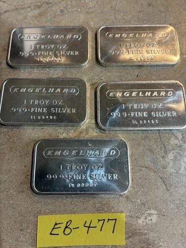 5 ENGELHARD 1 OZ. .999 FINE SILVER BARS "LOW NUMBERS"