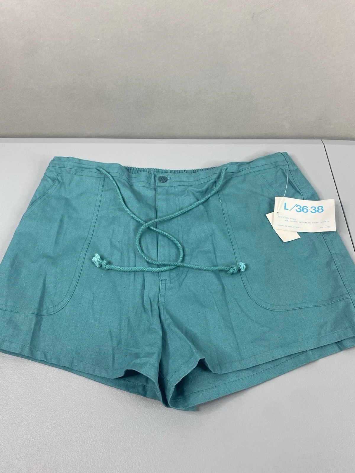 Vintage Van Cort Beach Shorts Mens Large 36-38 Turquoise Drawstring Pockets NOS
