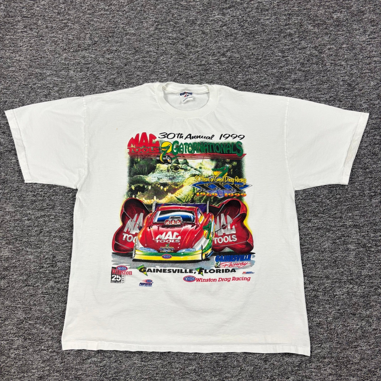 Vintage 90s Jerzees NHRA Mac Tools Florida Racing White Graphic T-Shirt Men's XL