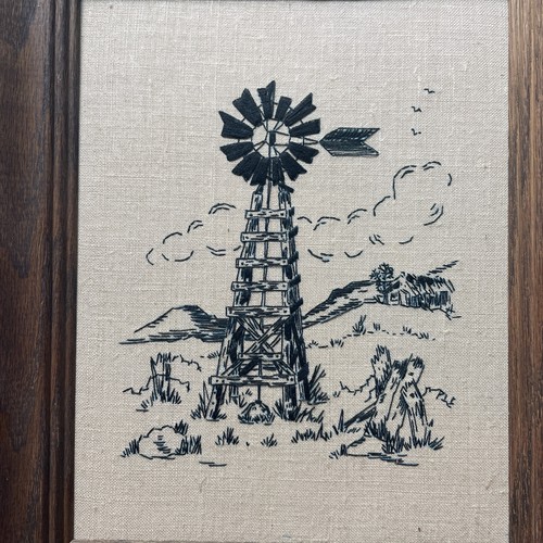 Vintage WINDMILL Black EMBROIDERY on Linen  Framed Wood 11x13 - Afbeelding 2 van 7