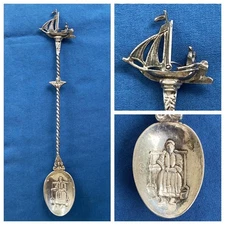 1953 Antique Dutch Silver 6 5/8" Spoon Sailing Ship Handle Woman Water Buckets