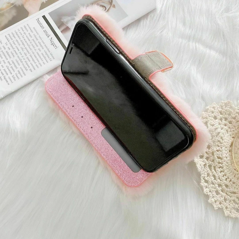 Fluffy Plush Flip Card Wallet Leopard Phone Case For Samsung A51 A71 A12 Note 20 - Изображение 4 из 4