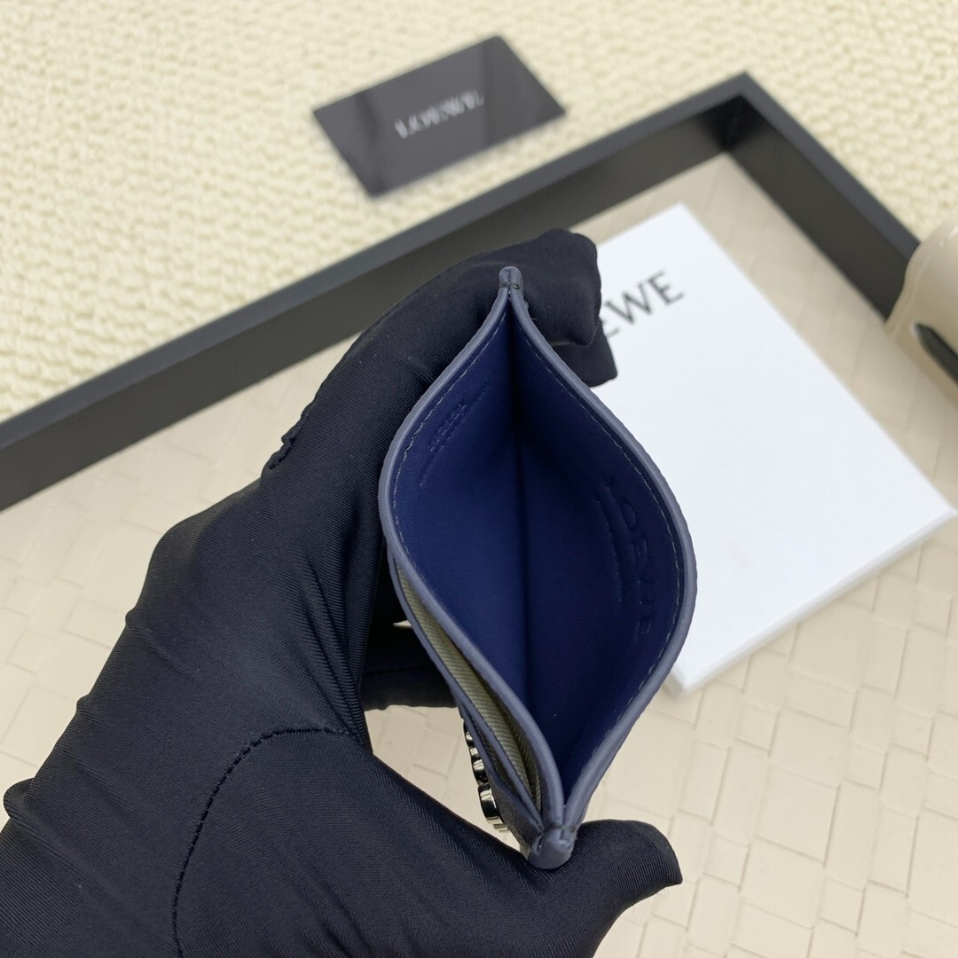 LOEWE Anagram Card Holder Navy Blue Grained Leather Silver