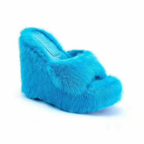 Womens Summer Fluffy Slide Slippers Faux Fur Wedge Platform Beach Shoes Sandals - Picture 10 of 28