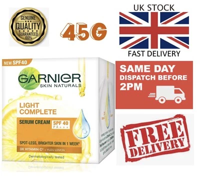 UK 45g Garnier Vitamin C Serum Cream with SPF 40 Light Complete Skin Face