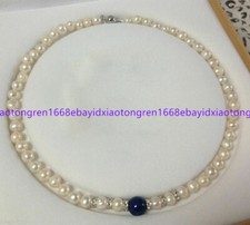 7-8MM White Freshwater Cultured Pearl  Blue Lapis Lazuli necklace 18 Inch