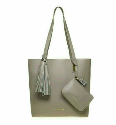 JOY & IMAN Tassel Chic Leather Handbag with Fabric insert, Taupe , Medium