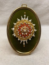 Vintage Retro Gold Framed Beaded Velvet Jeweled Christmas Ornament 1960/70's