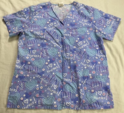 VTG Simply Basic Sz Large Denim I Love Nurses Hearts Scrub Top Snap Up Y2K 90s