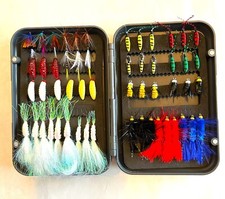 fly fishing flies kit, 54 flies in 18 different styles, inc. hard case box.