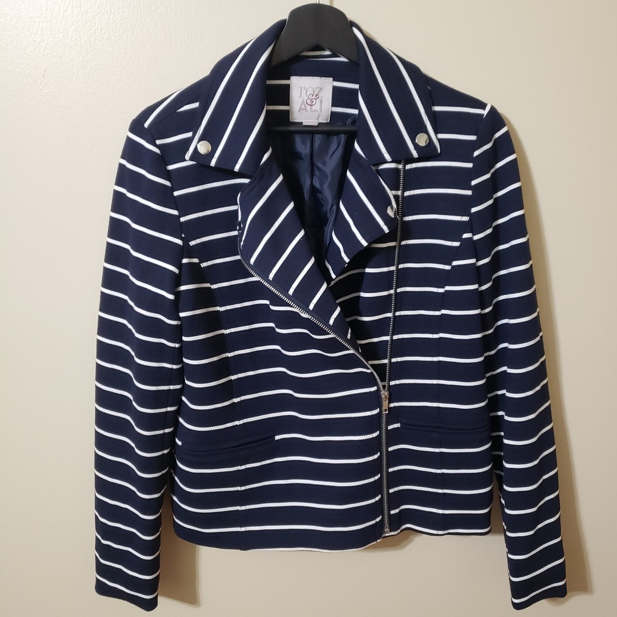 Roz Ali Small Womens Striped Moto Jacket Navy Zip Up Navy Blue White  Lined
