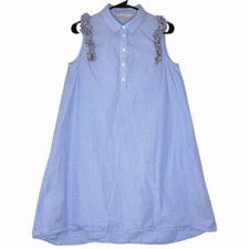 Philosophy Women Dress Small Blue Stripe Cotton Sleeveless Collar Shift Ruffle