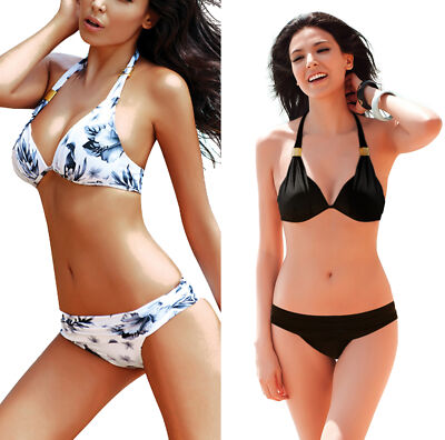 sexy Neckholder Push-up Bikini schwarz weiss Bademode 34 36 38 40 42 44 Organza