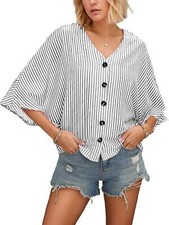 Women's V-Neck Solid Color Striped Printed Loose Casual Shirt NEW
