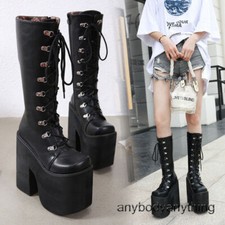 Womens Elegant Knee High Boots Lace Up Platform Punk Nightclub Stage High Boots