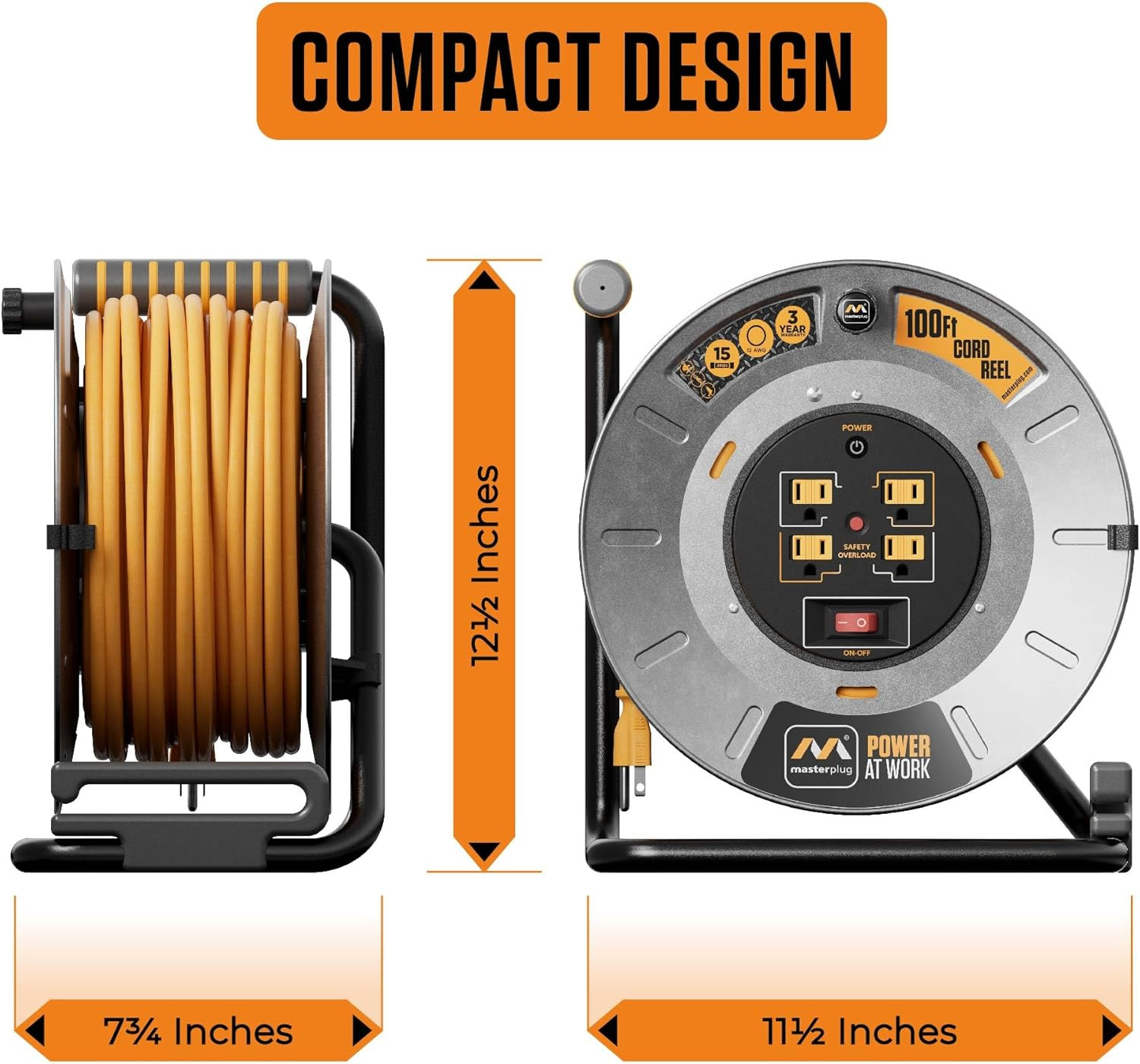 100Ft Retractable Cord Reel with 4 Outlets, 15A Circuit Breaker, Metal Drum