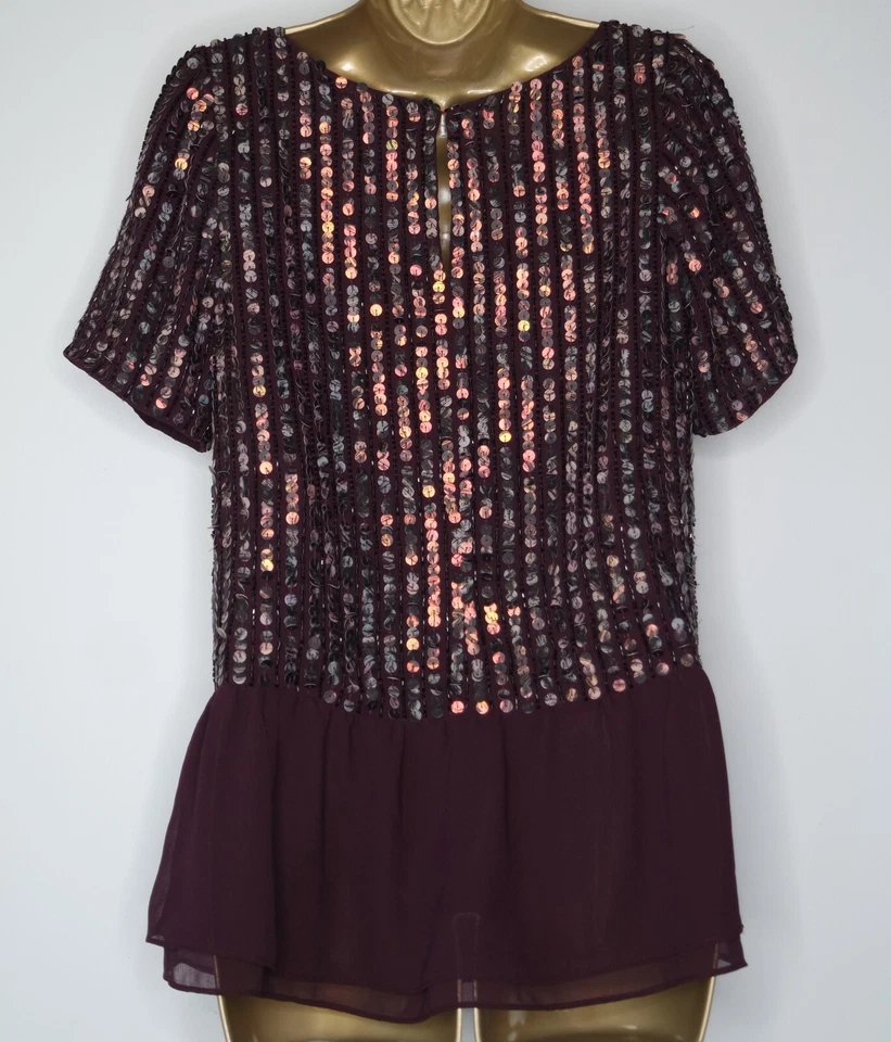 COAST PLUM WINE SEQUIN BLOUSE TOP SIZE 10 CHIFFON HEM SEQUINNED XMAS PARTY - Image 3 of 3