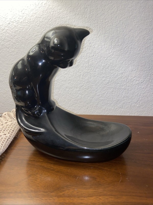 Vintage Royal Haeger Ceramic Black Cat and Fish Bowl Stand Trinket Tray MCM