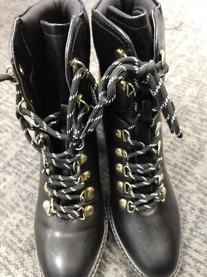 find. Lace Up High Chunky Block Heel Ankle Booties, Women SZ 8, Black   0D-861