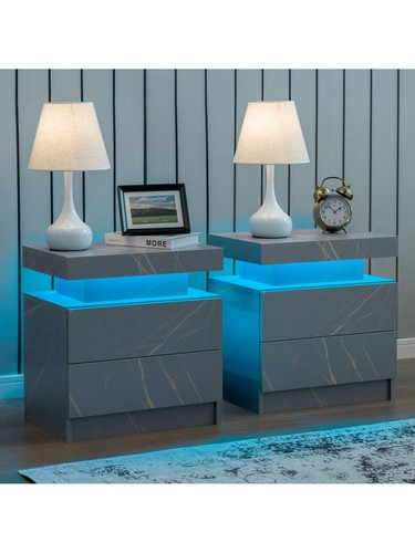Set of 2 LED Night Stand Bedside Table with 2 Drawers Modern Bedroom Nightstand - Picture 11 of 19