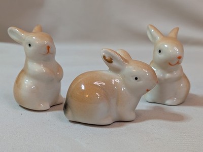 MINIATURE BUNNY RABBIT Figurines Lot of 3 GLAZED CERAMIC BROWN EASTER DECOR