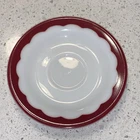VTG Corning Dinnerware Saucer Plate Red Scalloped Border White Milk Glass 6.25”