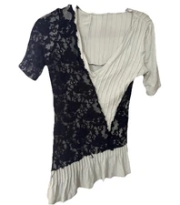 BKE Boutique Large Lace Overlay Mixed Media Top Cream Black Short Sleeve Tunic