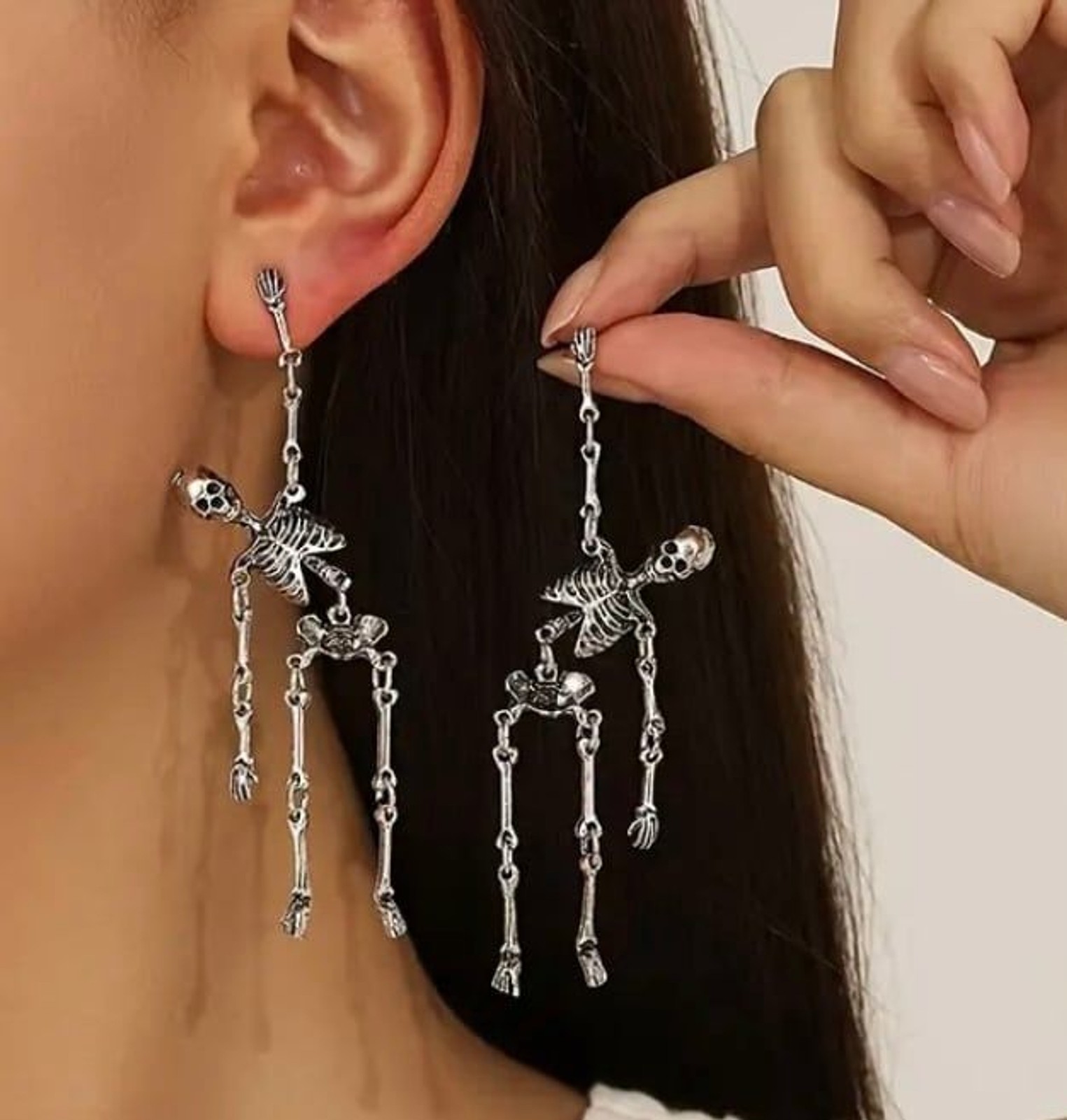 Antique Silver Dangling Skeleton Earrings Grunge Punk Rad Gothic