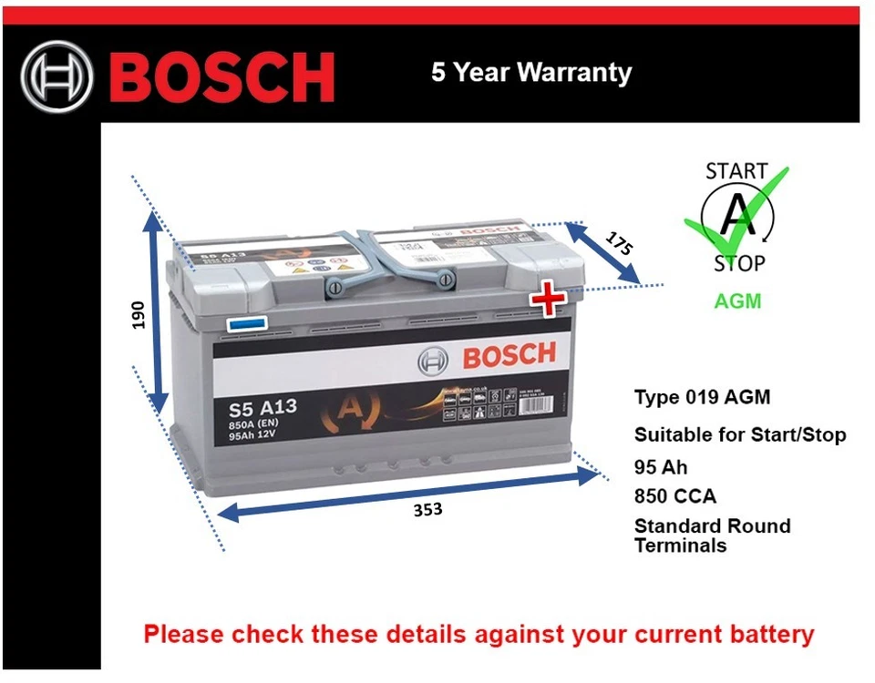 AGM Car Battery S5A13 Bosch 019 AGM 850A 95Ah 5Yr WTY 353x175x190 Start Stop