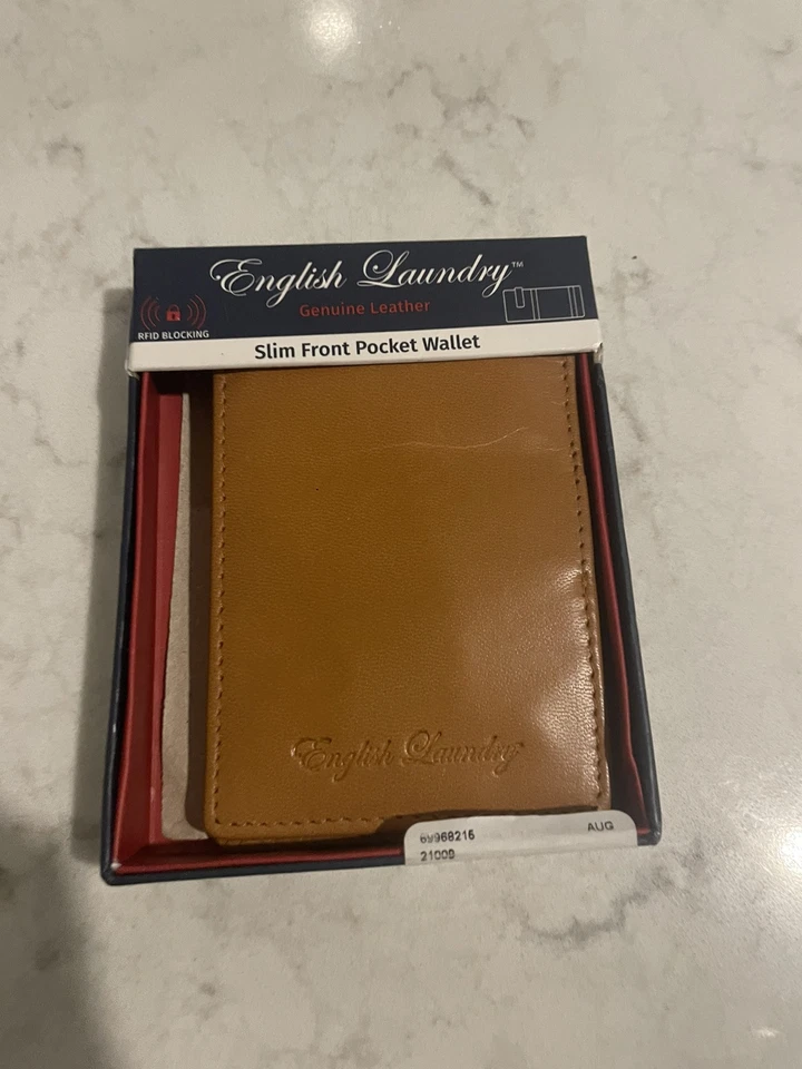 Cartera de bolsillo frontal delgada de cuero marrón de cuero genuino para lavandería inglesa Foto 2 de 4