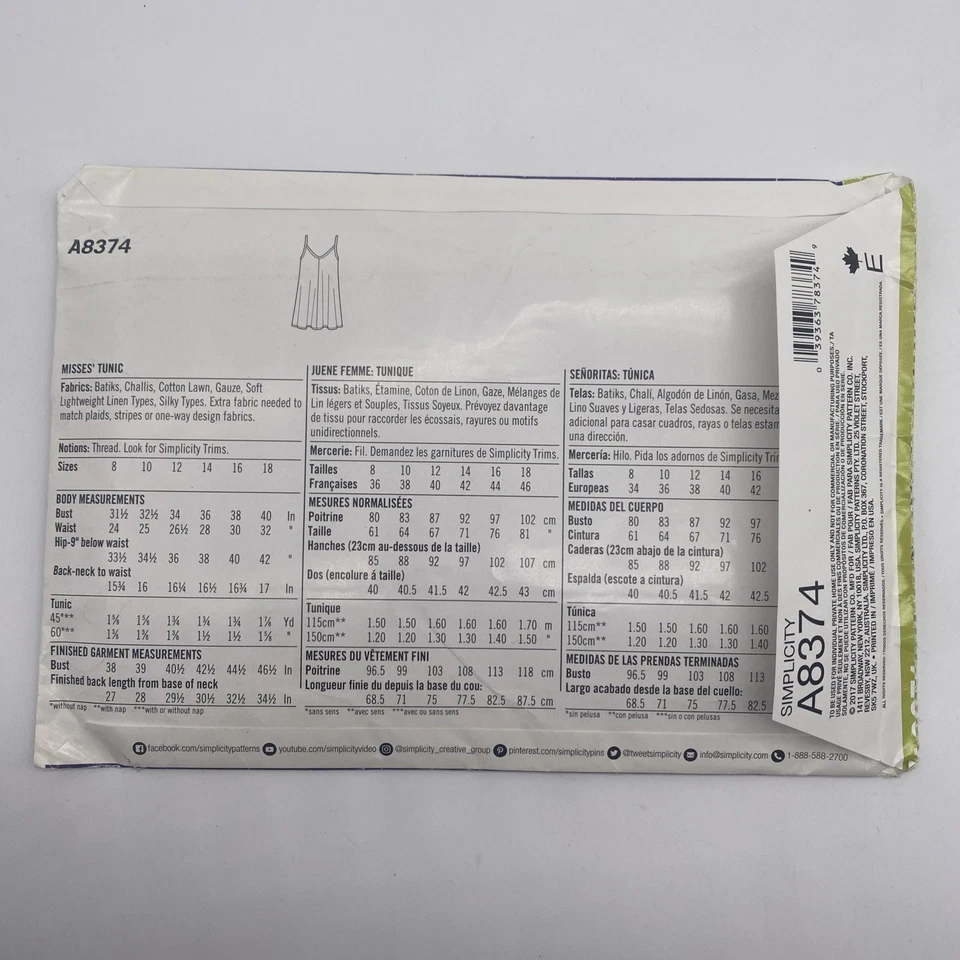 Simplicity Sewing Pattern A8374 Womens Tank Top Size 8 10 12 14 16 18 Uncut - Image 2 of 4