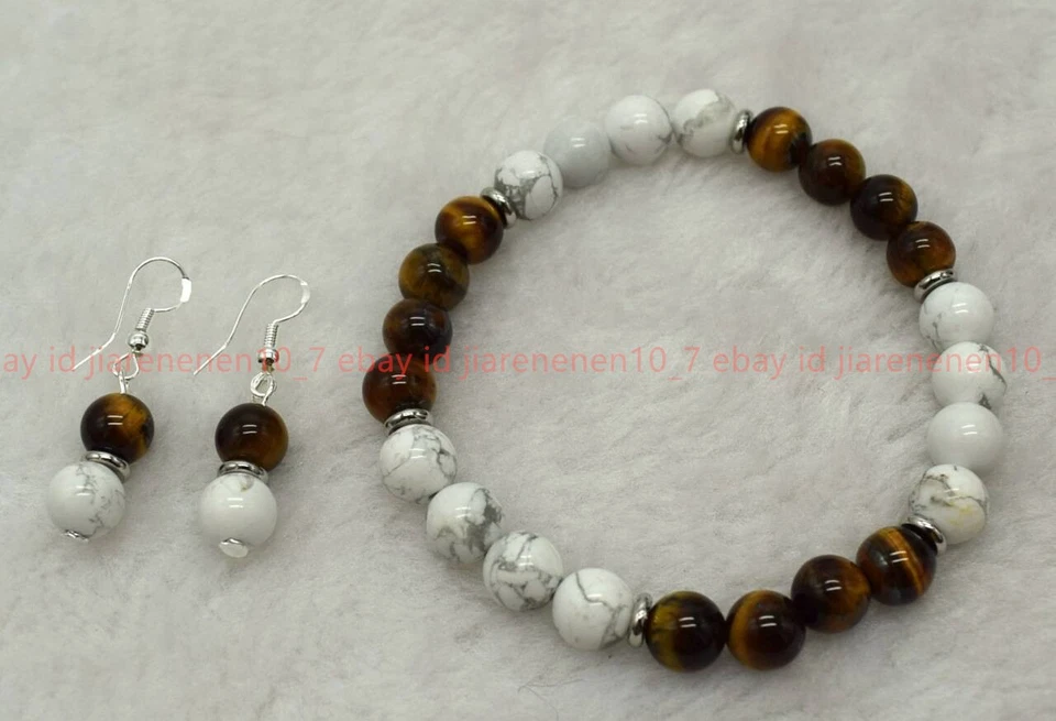 New Natural 8mm Yellow Tiger's Eye White Turquoise Gems Bracelet Earring 7.5in - Image 3 of 4