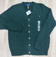 Polo Ralph Lauren Boys L 14-16 Cable Knit Cotton V-Neck Cardigan Green NWT