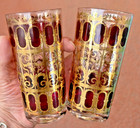 2 X 5 1/2" TALL CULVER GLASS TUMBLERS glasses SCROLL CRANBERRY & GOLD MCM red — photo 1