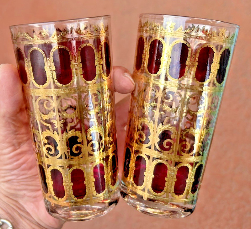 2 X 5 1/2" TALL CULVER GLASS TUMBLERS glasses SCROLL CRANBERRY & GOLD MCM red