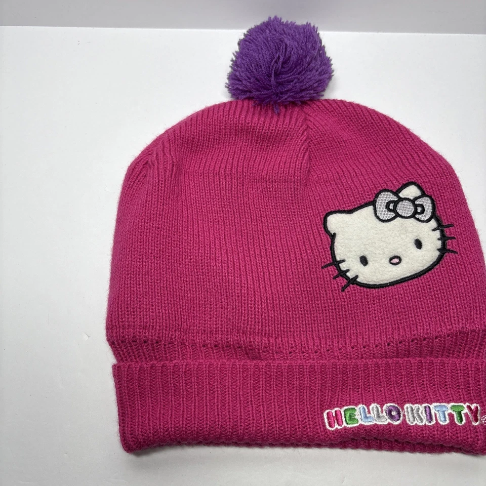 Hello Kitty Beanie Winter Cap Pink With Purple Pom Kids Youth Sized - Image 3 of 4