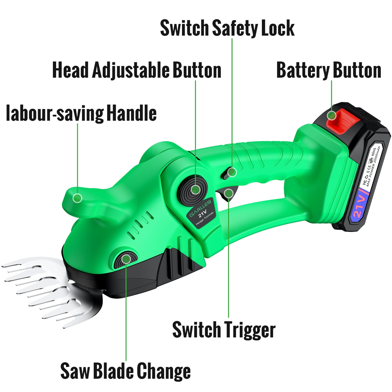 21V Cordless Grass Shears 2-in-1 Hedge Trimmer Handheld with 2000mAh Battery