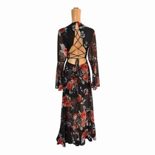 Lulus Polyester Maxi Floral Dress Size M Open Lace Back Floral Bell Sleeves