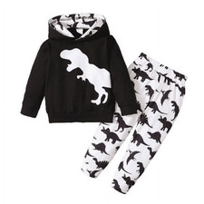 Black  White Dinosaur Print Hooded Long Sleeve Top Pants Set Boy's 6-7