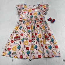 Pink Flutter Sleeve School Printed Dress With Hair Bow Clip Youth Girls 5-6
